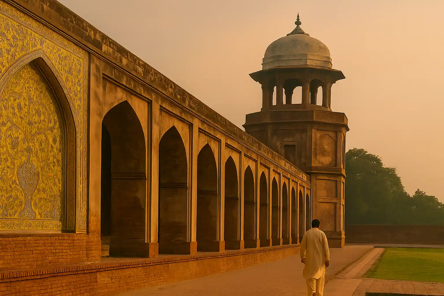 View of the Badshahi Mosque in Lahore, Pakistan, with a person walking along the stone pathway beside its intricately designed yellow walls. The golden sunset light enhances the beauty of the mosque's architecture, with the iconic dome and minaret visible in the distance.
