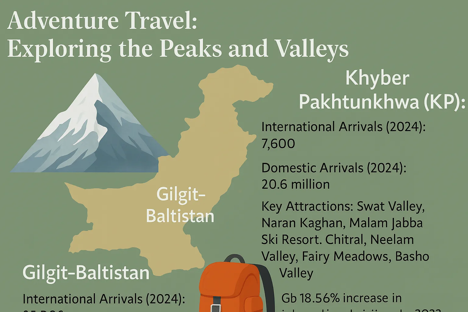  Infographic on adventure travel in Pakistan, highlighting Gilgit-Baltistan and Khyber Pakhtunkhwa (KP) for trekking, with key attractions such as Swat Valley, Naran Kaghan, Malam Jabba Ski Resort, and Fairy Meadows. The infographic includes international and domestic arrival.