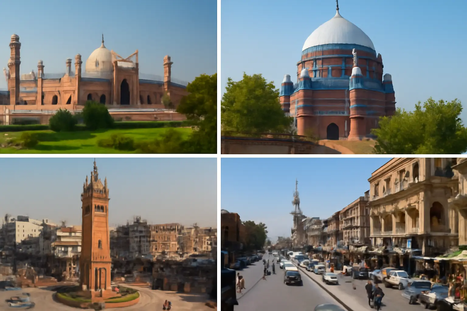 Iconic landmarks of Punjab: Badshahi Mosque, Shah Rukn-e-Alam Tomb, Faisalabad Clock Tower, and Rawalpindi's Raja Bazaar.