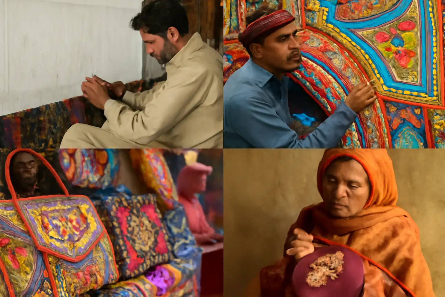 A collage showcasing traditional craftsmanship in Pakistan. Top-left: an artisan working on handcrafting intricate patterns. Top-right: a craftsman painting vibrant designs. Bottom-left: beautifully crafted bags with bright colors and patterns. Bottom-right: a woman delicately embroidering with intricate threadwork.