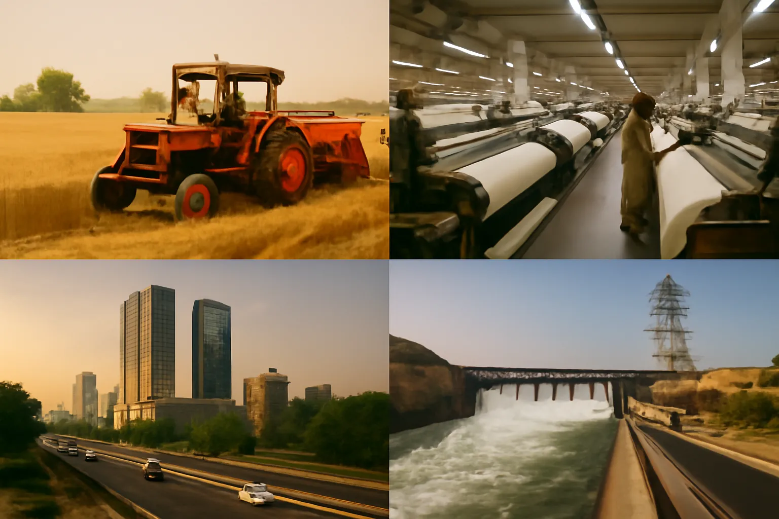A collage representing the economy of Pakistan. Top-left: a tractor harvesting wheat in a rural field. Top-right: a worker operating weaving machines in a textile factory. Bottom-left: a highway with vehicles passing modern city buildings. Bottom-right: a dam with flowing water and power lines, symbolizing energy production.