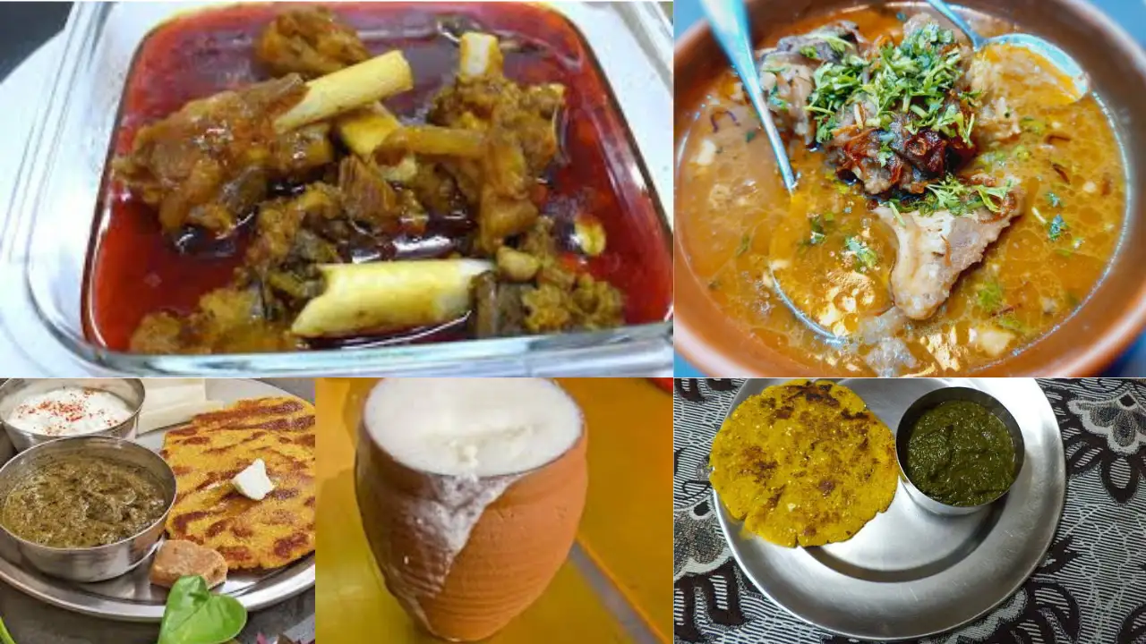 Punjabi cuisine featuring roti with dal, sarson da saag with makki di roti, samosas, and gulab jamuns with lassi