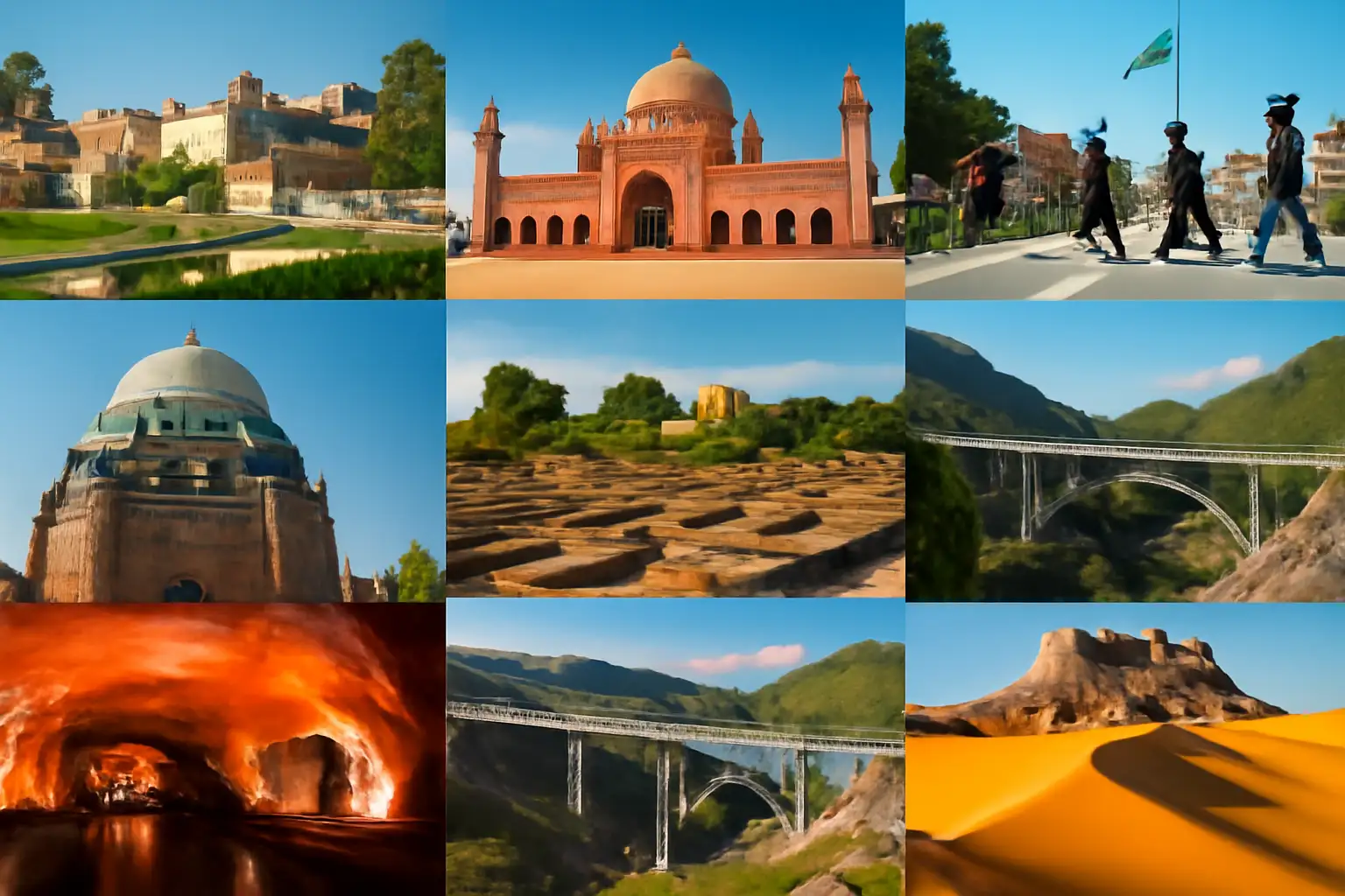 Collage of Punjab's landmarks: Lahore Fort, Badshahi Mosque, Harappa ruins, Khewra Salt Mine, Wagah Border ceremony, and Cholistan Desert