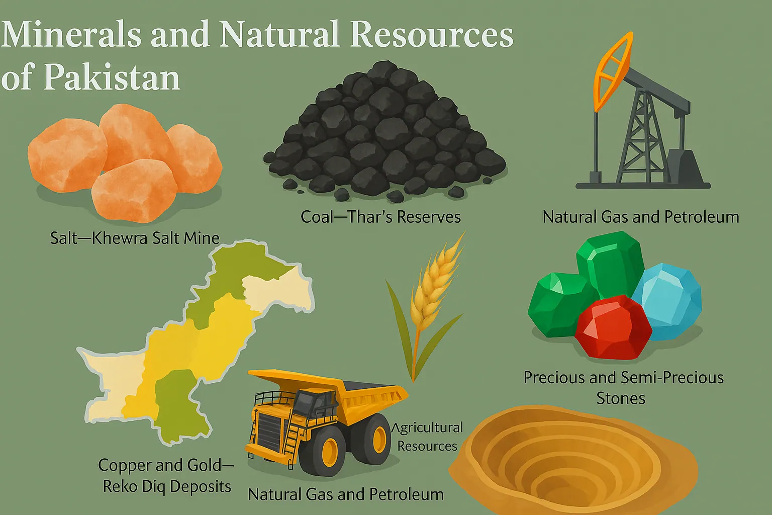 An infographic showcasing the minerals and natural resources of Pakistan. It includes illustrations of salt from the Khewra Salt Mine, coal from Thar's Reserves, natural gas and petroleum, copper and gold from the Reko Diq deposits, precious and semi-precious stones, agricultural resources, and a map of Pakistan highlighting these resources.