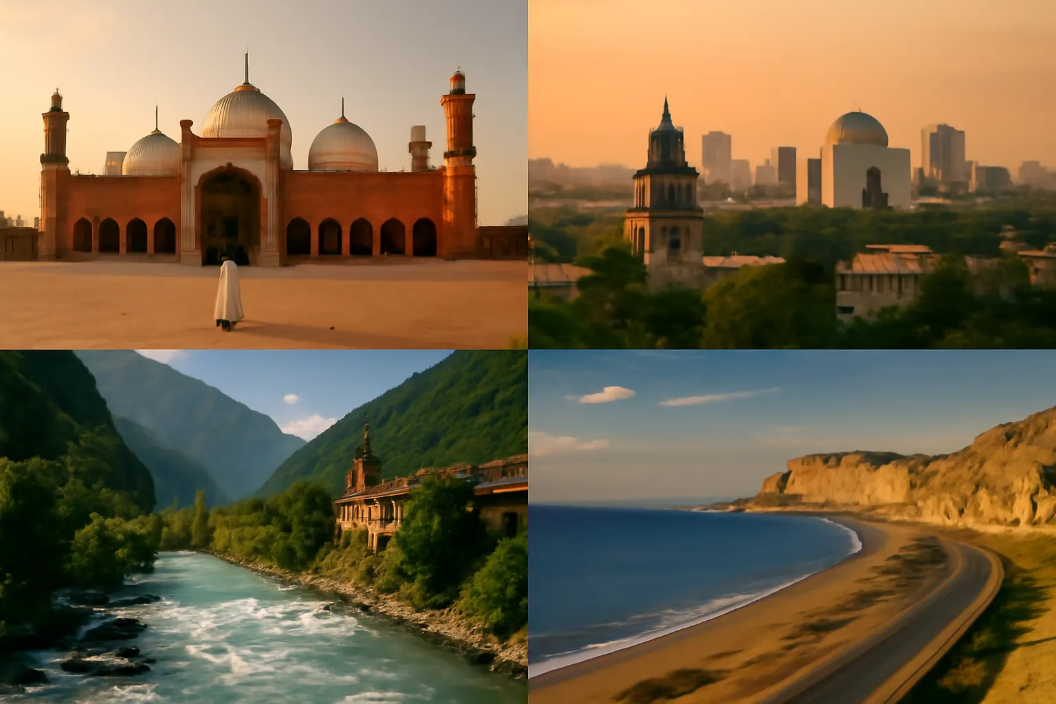 A collage showcasing the diversity of Pakistan. Top-left: a historic mosque in Punjab. Top-right: cityscape of Sindh. Bottom-left: river and mountains in KPK. Bottom-right: coastal road in Balochistan.