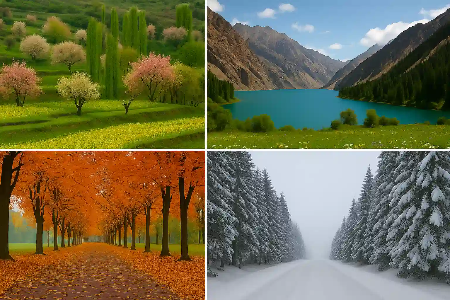 A collage representing the four seasons in Pakistan. Top-left: vibrant spring landscape with blooming flowers and green fields. Top-right: serene summer lake surrounded by mountains. Bottom-left: autumn path lined with orange trees. Bottom-right: winter scene with a snow-covered road through forested trees.