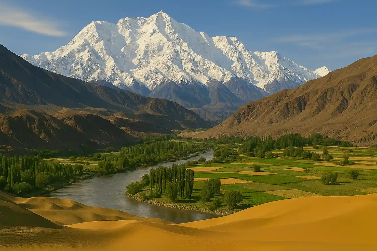 A breathtaking landscape of Pakistan's rugged mountains, with snow-capped peaks towering over a lush green valley. A winding river flows through the valley, surrounded by fields of green and trees, with golden sand dunes in the foreground. The dramatic contrast between the arid desert and the lush valley, against the backdrop of towering snowy mountains, showcases the diverse geography of Pakistan.