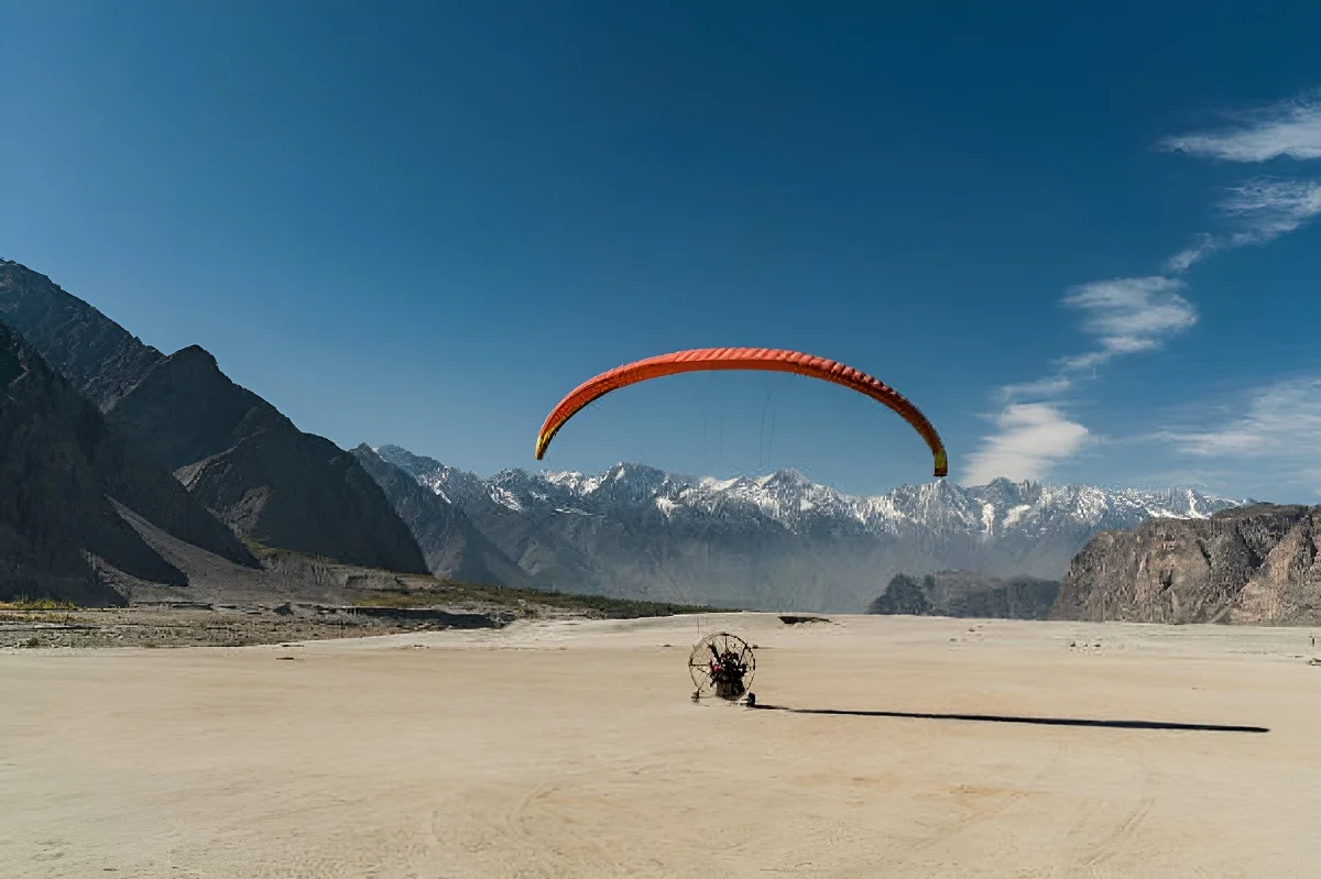 Paramotor flying over Katpana Desert in Northern Pakistan